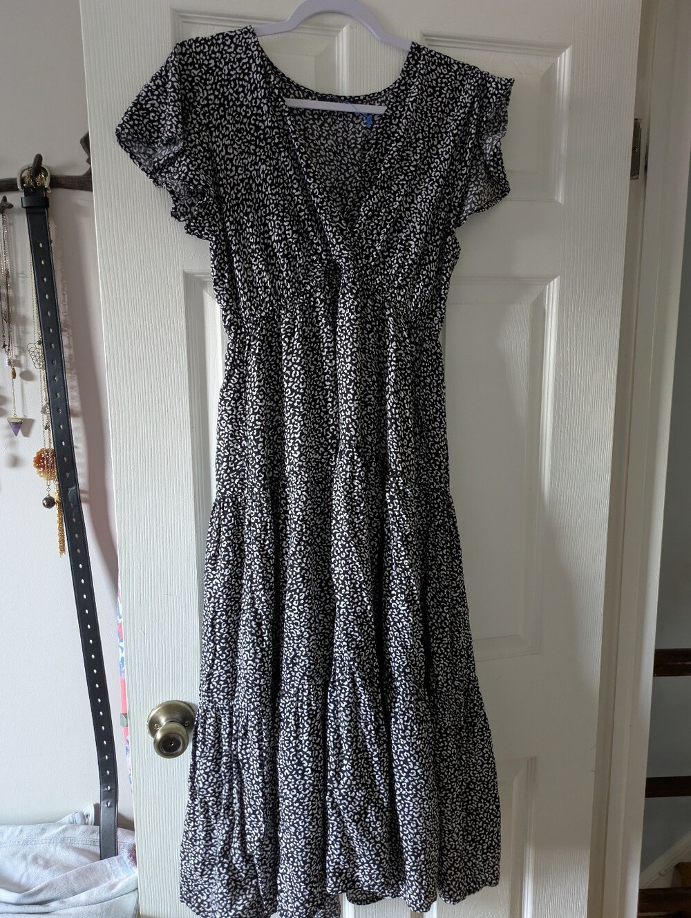 Black White Cheetah Print Flutter Sleeve Empire Waist Boho Maxi Dress M L